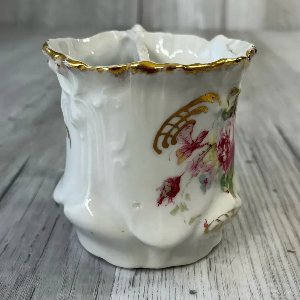 Vintage Victorian White Pink Green Floral Accent Gold Trim Shaving Mug Cup Decor